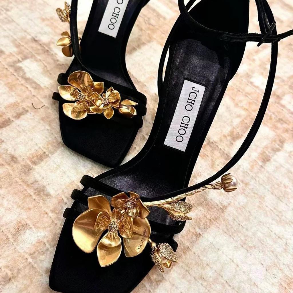 Одно слово женщины с квадратным носком босоножки весна-лето 2025 новые сексуальные золотые орхидеи атласные туфли с открытым носком на шпильке высокие каблуки женские