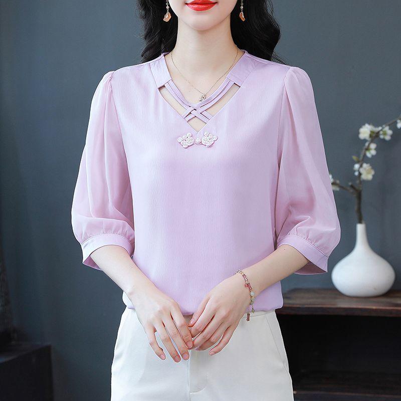 Women's Summer Shirts Fashionable and Western Design with Seven Sleeve Chiffon Style Small Top