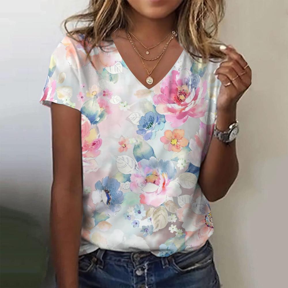 Женская летняя футболка с цветочным принтом 3D-печатью Женский уличный топ Харадзюку с V-образным вырезом Одежда оверсайз