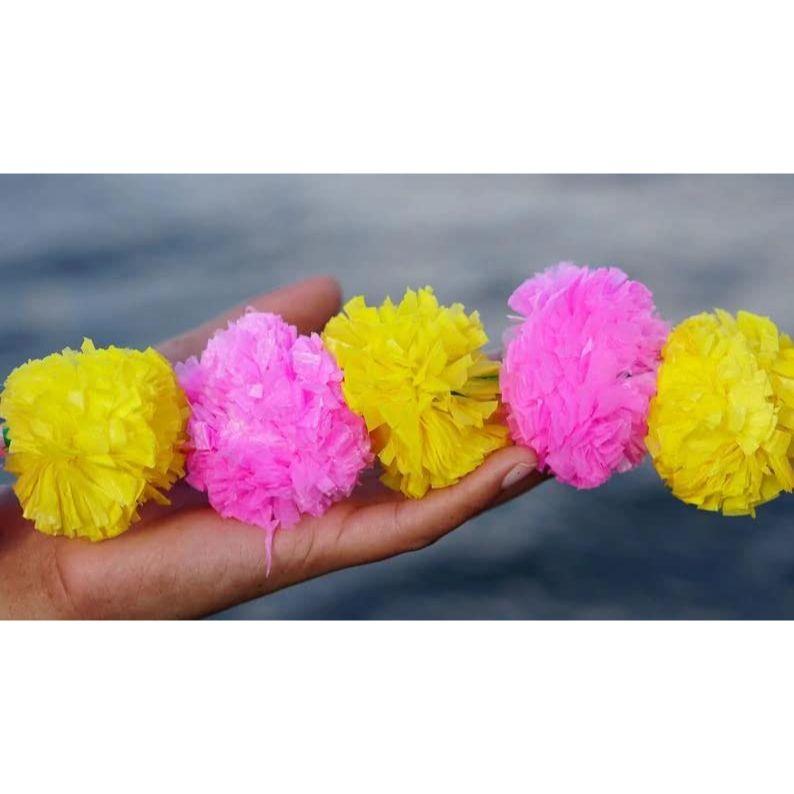 Искусственные цветы бархатца для украшения Длинный торан индийский genda phool для свадьбы и фестиваля | Длина 4-8 футов | Розовый+Желтый | 5 нитей