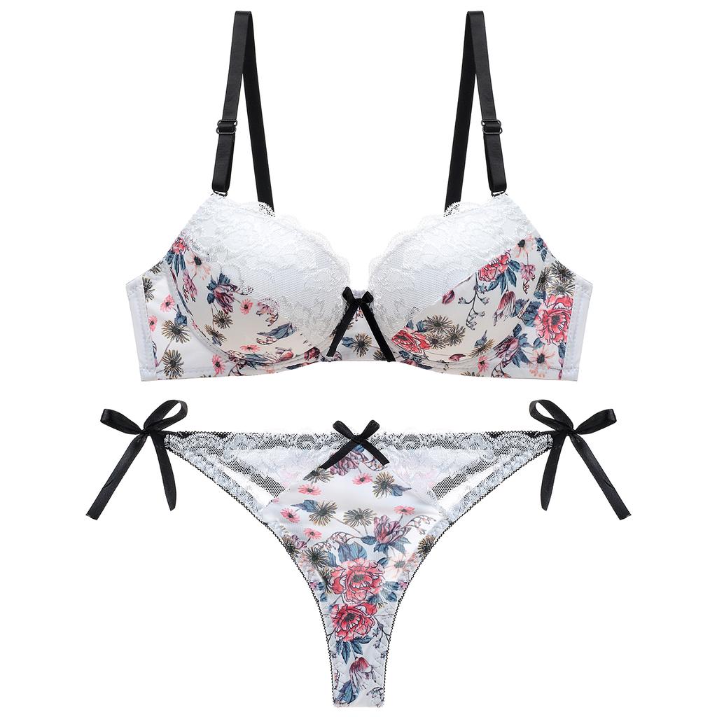 Women Bra & Brief Sets Sexy Lingerie Women Underwear Print Floral Embroidery Underwire Push-Up Padded Bra Staniki Damskie Thong Set