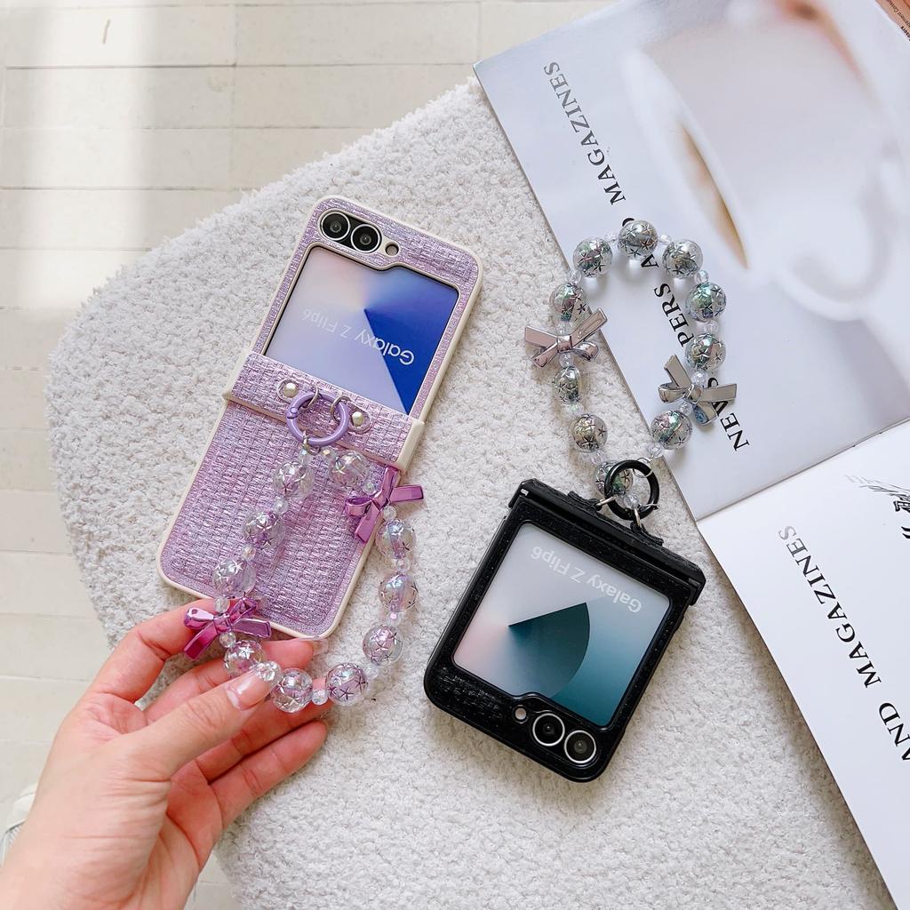 Glitter Pearl Bowknot PU Leather Wrist Strap Phone Case for Samsung Galaxy Z Flip 6 5 4 3 Hinge Protection Shockproof Cover