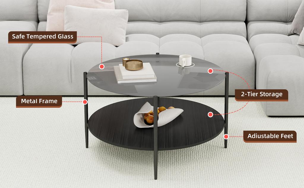 Modern minimalist living room coffee table, featuring a round black glass tabletop combined with a black wooden lower layer, beautiful and practical.
