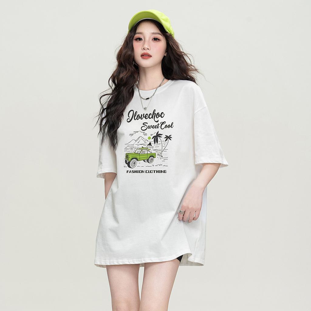 Fashion landscape printed short sleeved round neck T-shirt 2025 summer mid to long loose solid color top