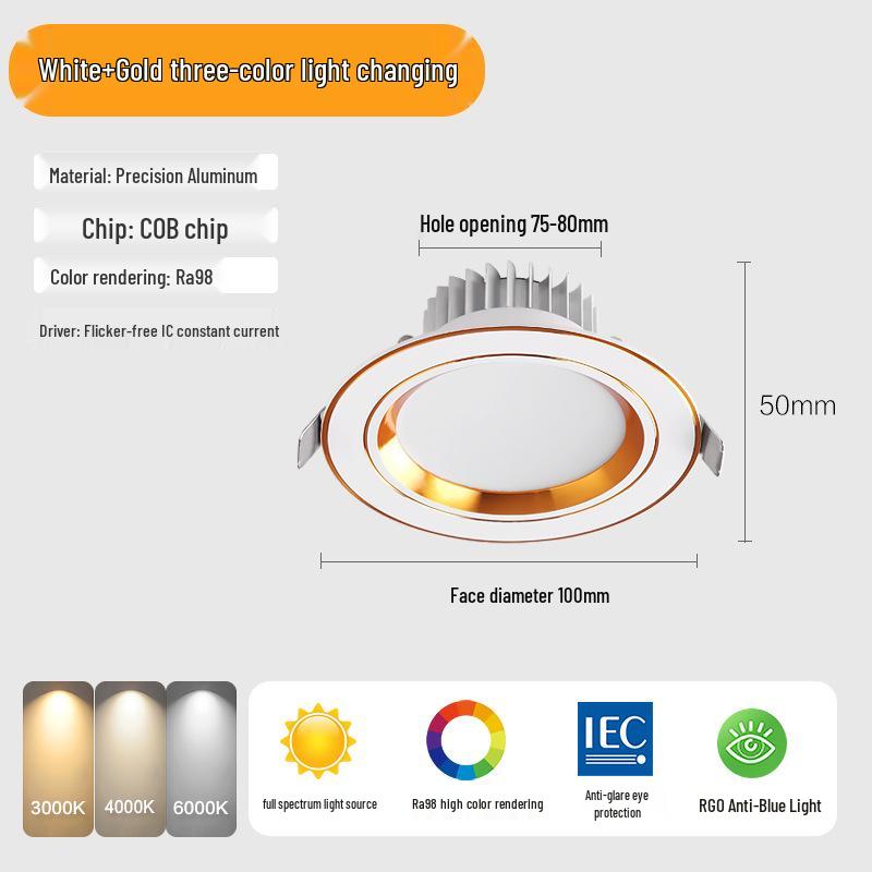 Three-Color Downlight Recessed Ceiling Spotlight for Living Room