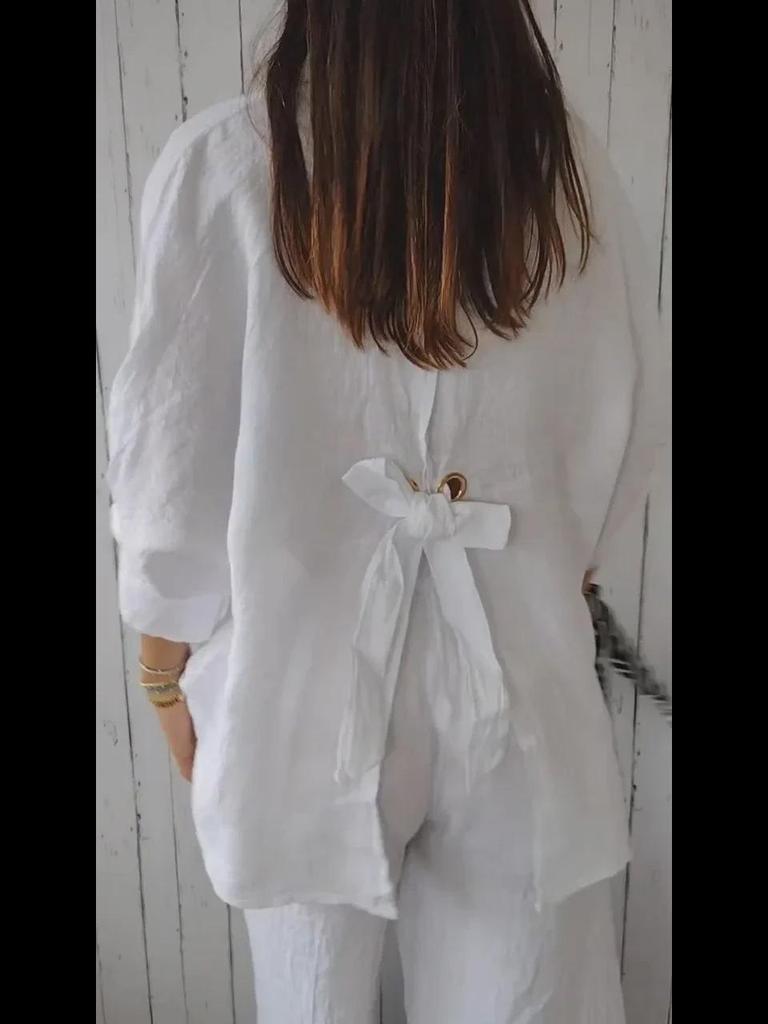 Весенняя рубашка из хлопка и льна 2024 года с завязкой сзади