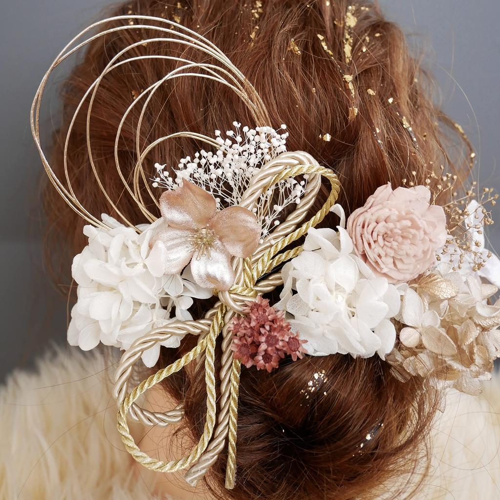 Ornament Specialty Shop Hair Ornament for Dried Flowers with Gold Leaf and Rope Ribbon [Hair Bria] Coming-of-Age Ceremonies, Graduations, Weddings,