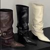 White High-heeled Trouser Boots Women's Thick-heeled Pointed-toed Knee-length Boots Belt-buckle High Boots
