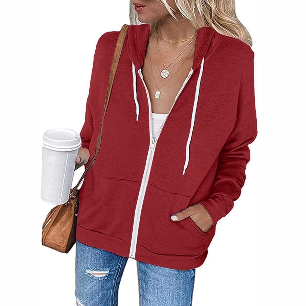 2021 Cross-Border Autumn/Winter Solid Color Hooded Zip-Up Sweatshirt with Drawstring and Pockets
