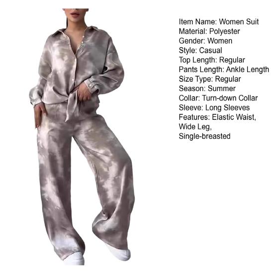 2 шт./комплект женский рубашка брюки комплект домашняя одежда наряд с принтом отложной воротник длинный рукав топ широкие брюки эластичный пояс свободные брюки одежда для поездок на работу