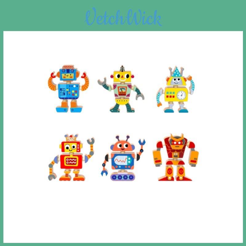 6 Piece Wooden Cartoon Robot Assembly Building Block Children Puzzle Toy Set For Kids Educational And Motor Skills Enhancement
