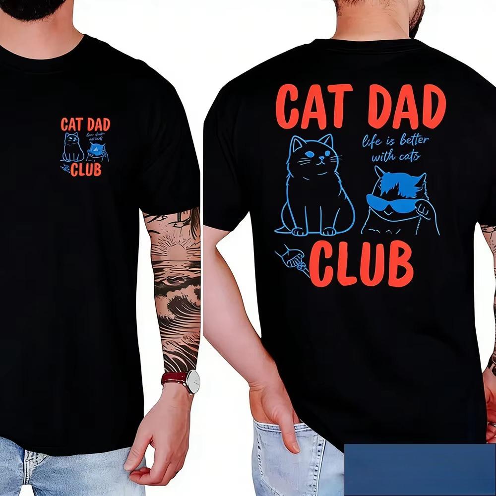 Summer Unisexs Cat Dad Club Letter Cat Double Sided Printed Round Neck Tshirt 100 Cotton Outdoor Soft Breathable Short Sleeve