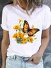 (Asian Size) O-neck Tee Butterfly Flower Cute Clothing Top Short Sleeve T Shirt Casual Fashion Print Lady Female Women Graphic T-shirts