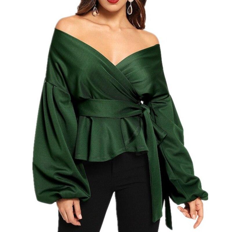White Office Lady Elegant Lantern Sleeve Surplice Peplum Off the Shoulder Solid Blouse Sexy Women Tops And Blouses