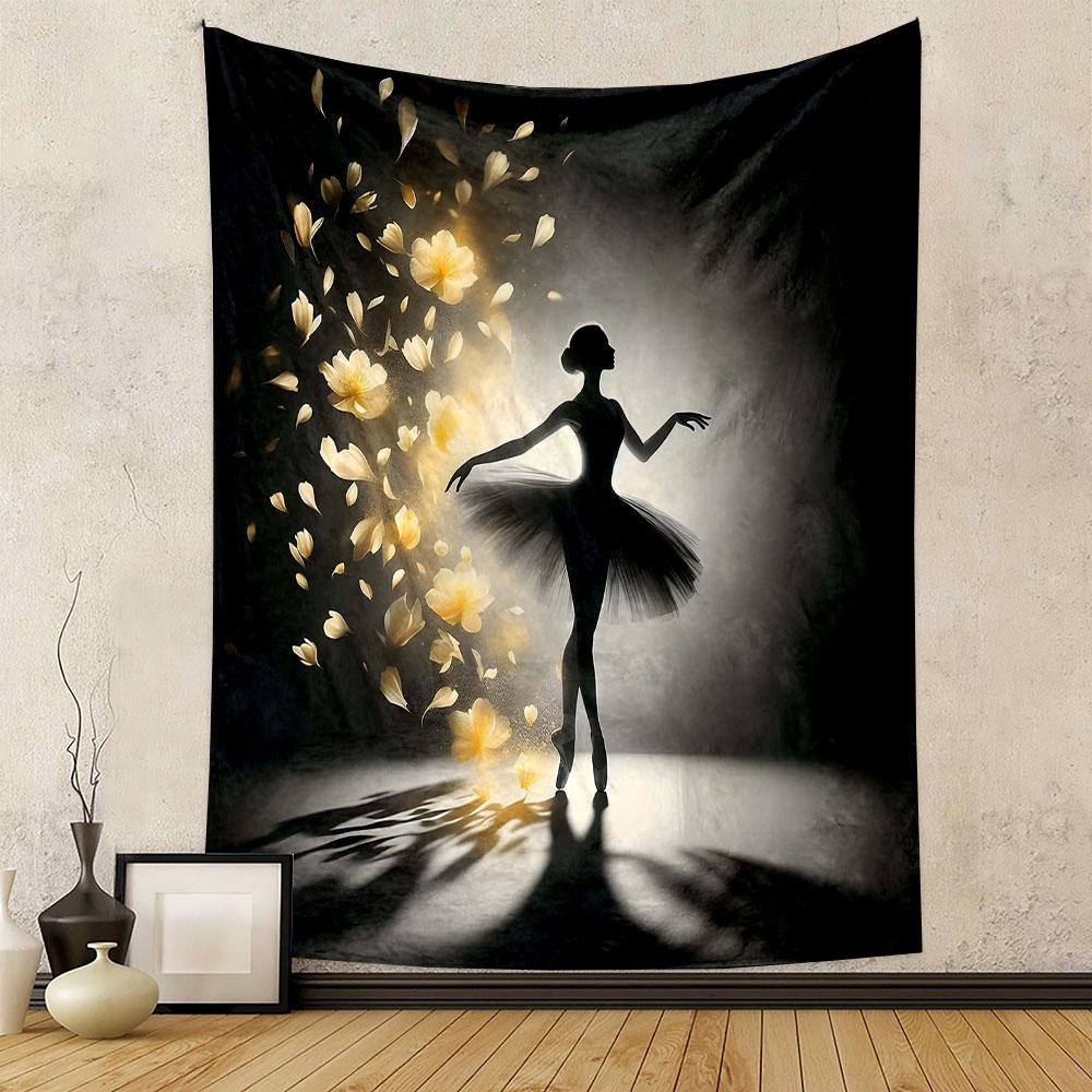 Ballet Dancer with Golden Petals Patterned Tapestry Decorative Wall Hanging, Home Bedroom Living Room Decor