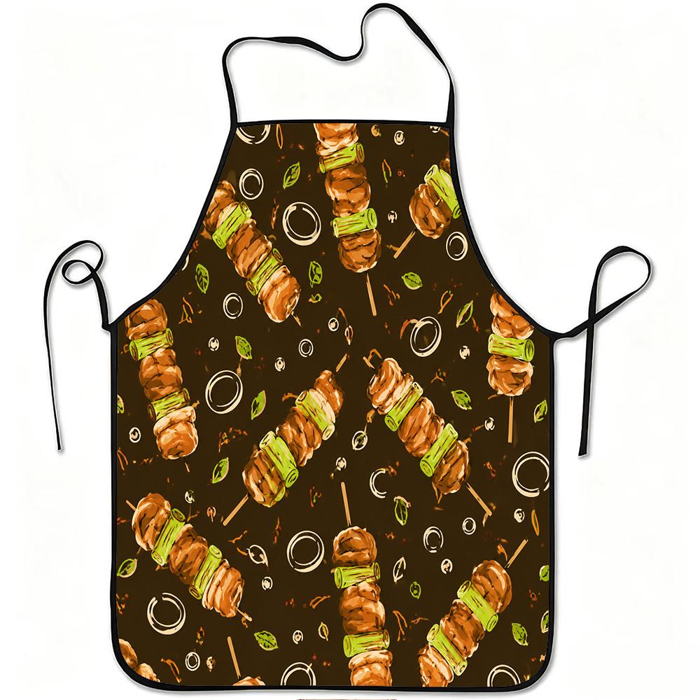 1pc Grilled Skewer Barbecue Food Print Apron, Durable And Easy to Clean, Adjustable Waistband, Polyester Material, for Kitchen Cooking, Gardening, Orc