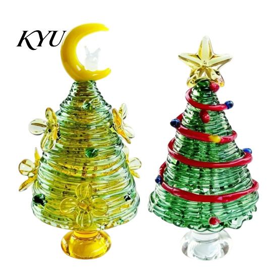 Colorful Glass Tree for Home Glazed Christmas Figurine with Star Moon Decor, Rotating Handmade Ornament Wire Wrapped Desk Mini Holiday Tabletop