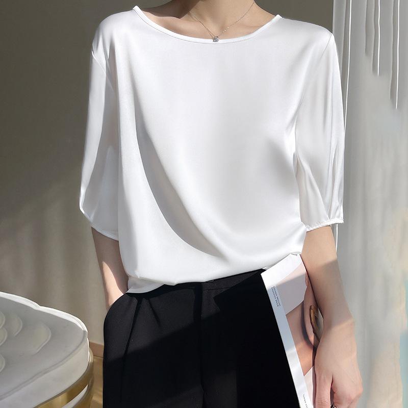 Breathable Silk Women's Round Neck Loose Solid Color Acetate Satin T-Shirt (2024 Spring/Summer Collection)