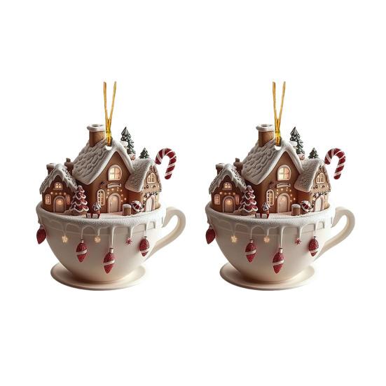 2 Pcs Coffee Cup Christmas Tree Ornaments 2D Acrylic Winter Village Snow House Hot Chocolate Mug Shape Xmas Hanging Pendents for Holiday Decor