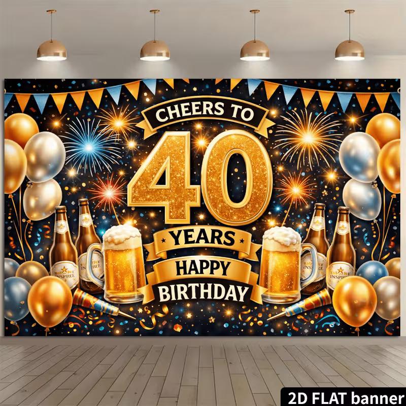 2D Happy 40th Birthday Photography Backdrop Beer Fireworks Party Photo Booth Banner