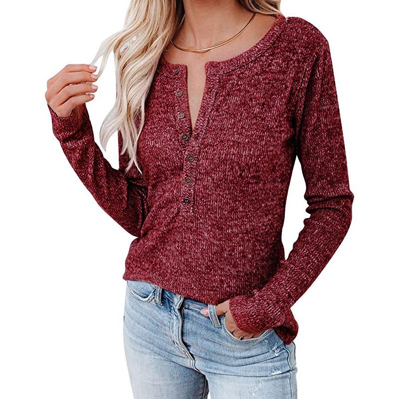 Осенне-зимняя женская повседневная футболка с длинными рукавами на пуговицах на груди