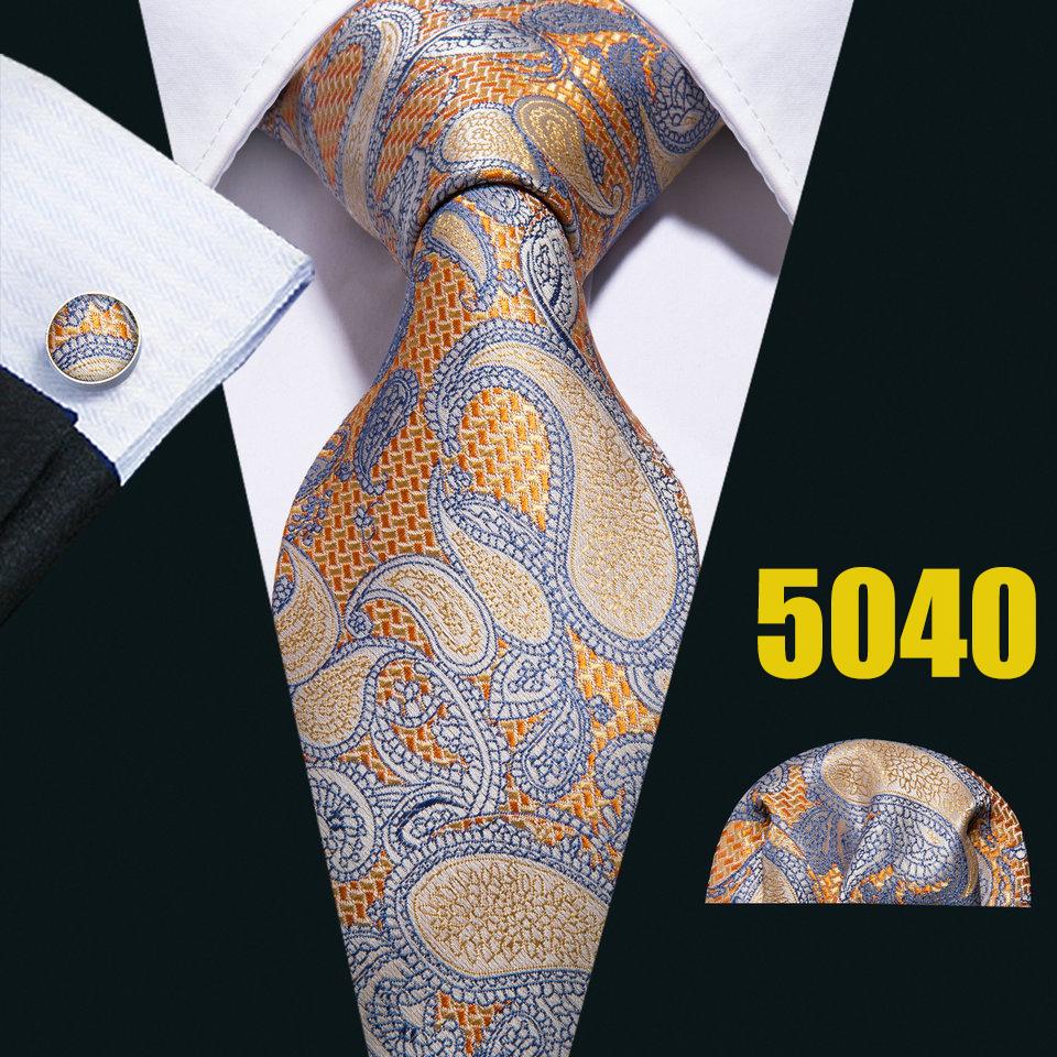 Barry.Wang Necktie Hankerchief Cufflinks Set Earth Yellow Paisley Jacquard Woven Wedding