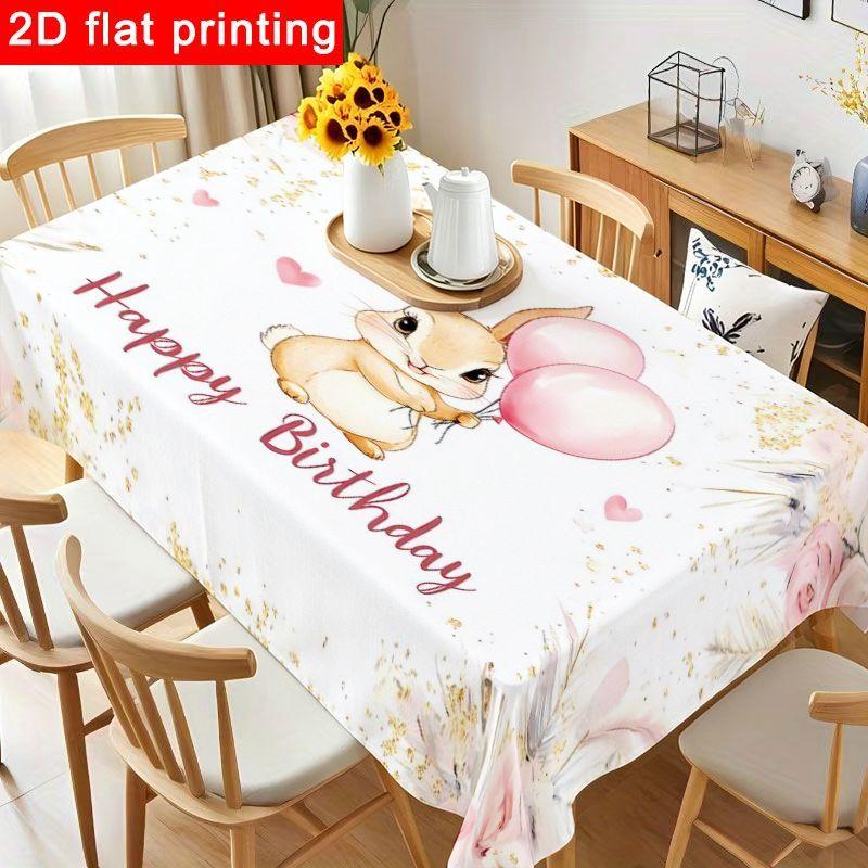 1pc Cute Bunny Birthday Tablecloth - Adorable Cartoon Design with Floral Accents, Durable Polyester Table Cover for Reusable Party Decorations, Easy t