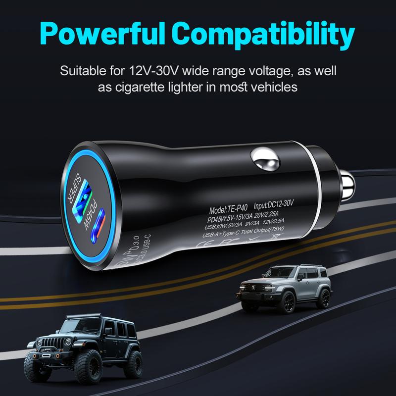 Автомобильное зарядное устройство QC3.0 45 Вт, двойной порт USB Type-C, быстрая зарядка, автомобильный адаптер питания, универсальный для телефона Samsung, для серии iPhone и т. д.