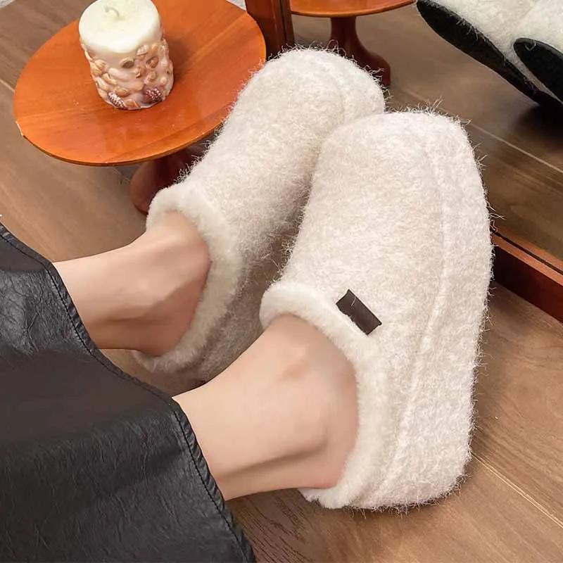 Fur Platform Slippers Women High Heels Warm Cotton Shoes Woman 2024 Trend Winter Slingback Fashion Short Plush Snow Botas Mujer