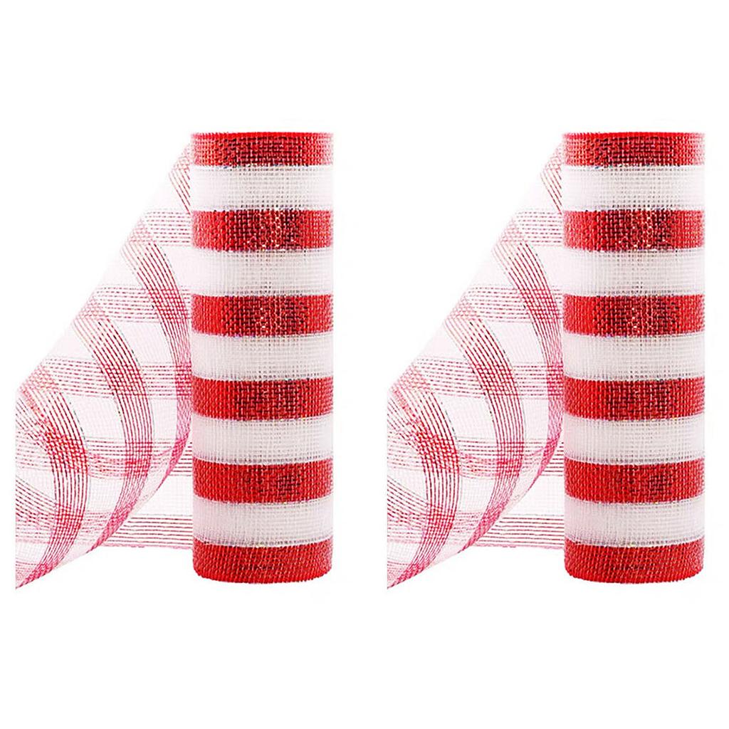 2 Rolls Decorative Mesh Ribbon Metallic Foil Mesh Rolls Christmas Mesh Ribbon for Christmas Tree Garland Craft Decorations