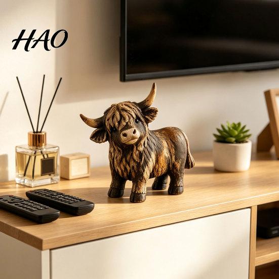 Aged Texture Tabletop Figurine Farmhouse Highland Cow Figurine, Resin Scottish Bull Statue, Rustic Cute Cattle Statue Ornament, Country Style