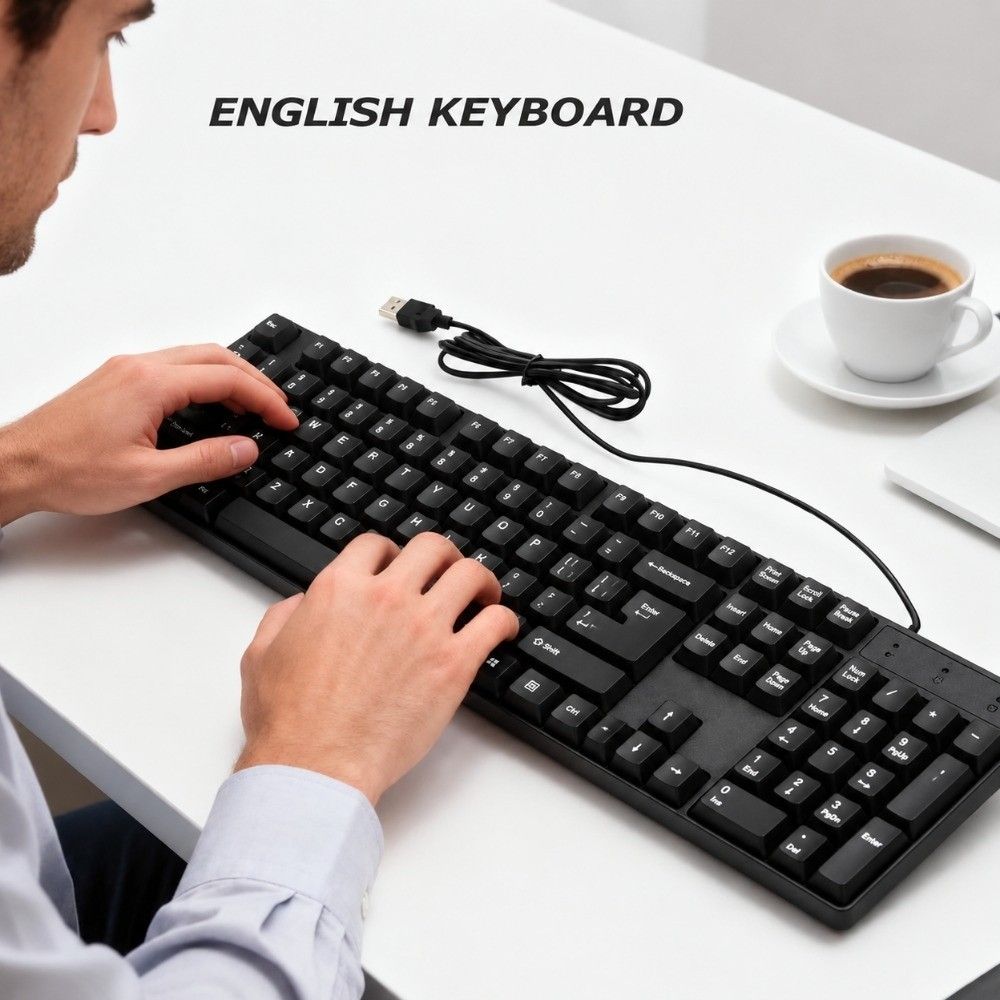 104 Keys Wired Keyboard Plug-and-Play USB Keyboard Ergonomic English Keyboard Office