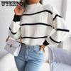 Autumn/Winter Striped Lantern Sleeve Half High Collar Knitted Hooded Sweater for Women