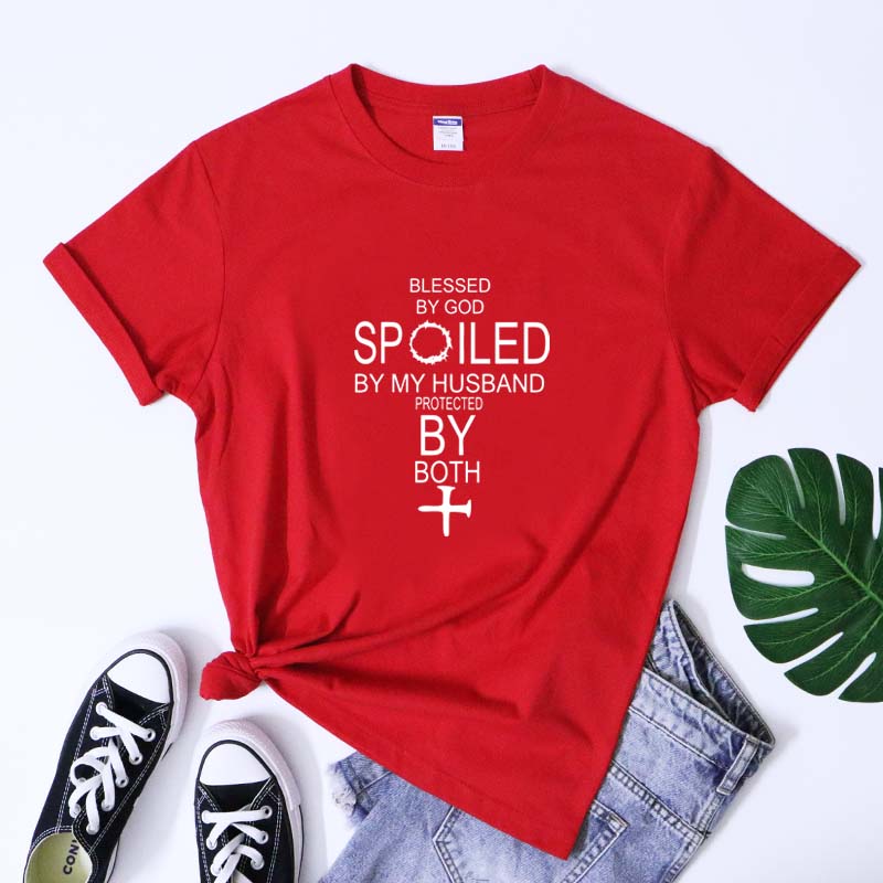 Blessed By God Spoiled By My Husband TShirt Sarcastic Motherhood Christian Bible Verse Tee Top Funny Mom Life Religion Tshirt