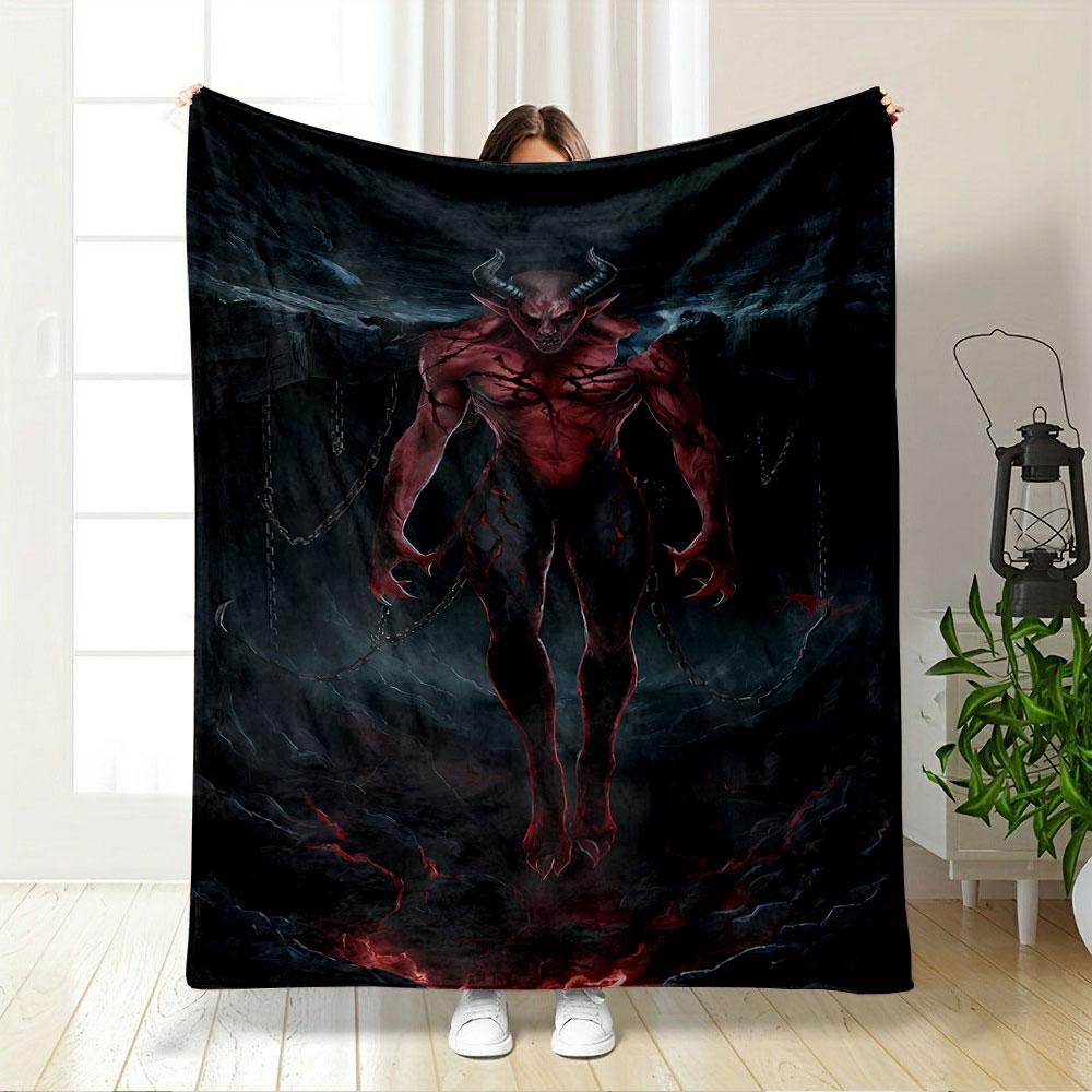 Dark demonic figure with horns, glowing cracks, chains, and fiery surroundings. for all seasons blanket lunch break throw gift