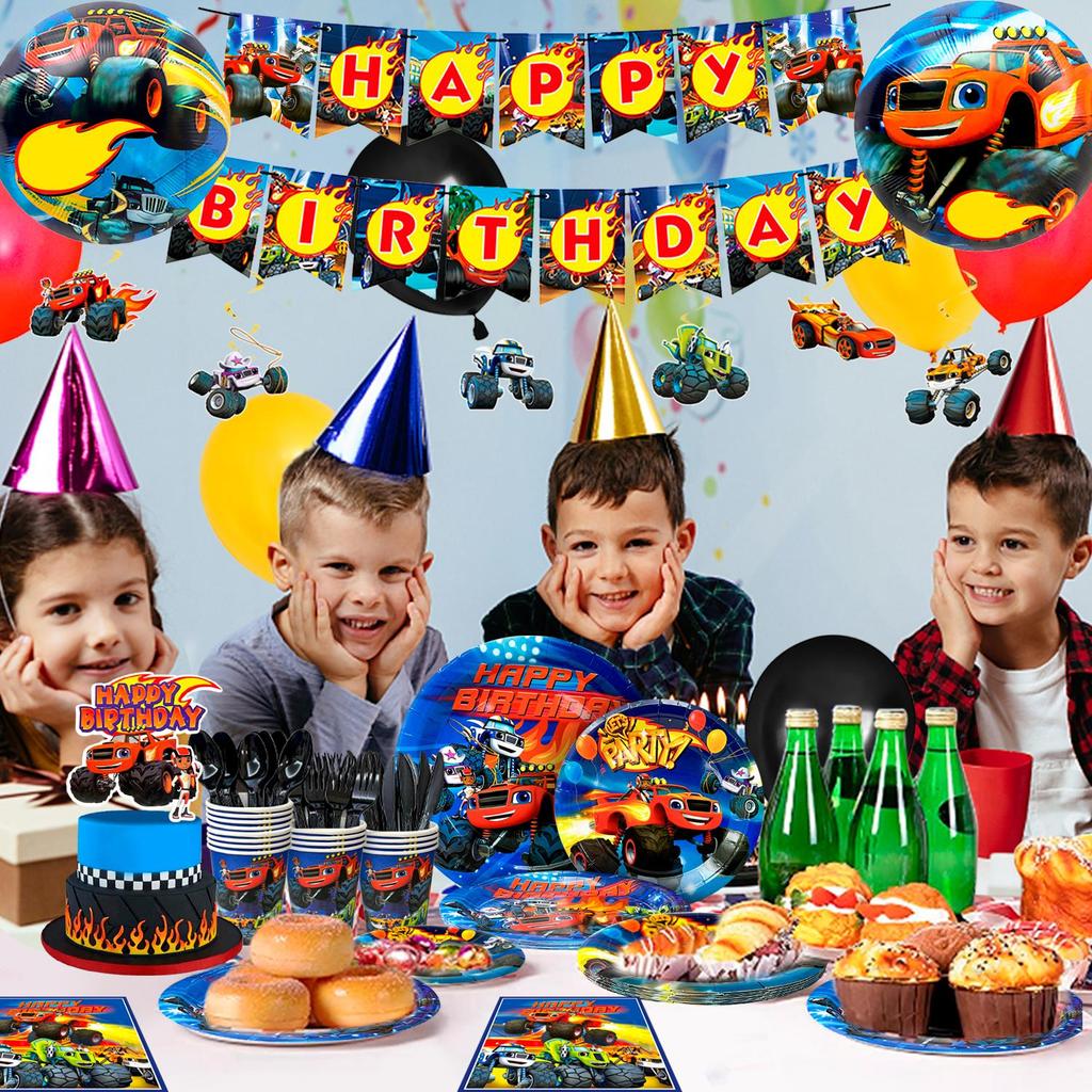 Monster Truck Birthday Party Supplies,119pcs Monster Machines Party Plates and Napkins Cups Table Cloth Banner Balloons Cake Topper Ect
