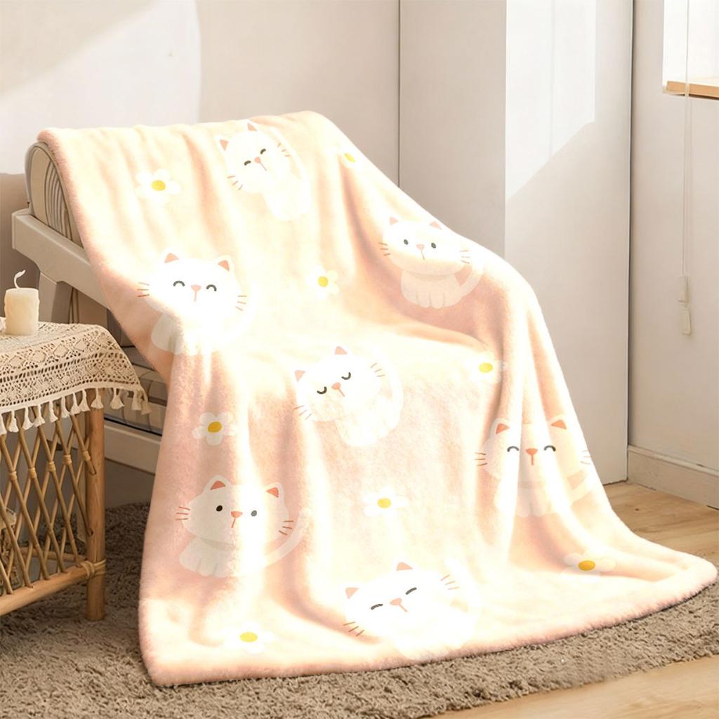 Plush Flannel Blanket - Ultra-Soft All-Season Throw with Pastel Pink Background & Cute White Cats Machine Washable Lightweight Fla