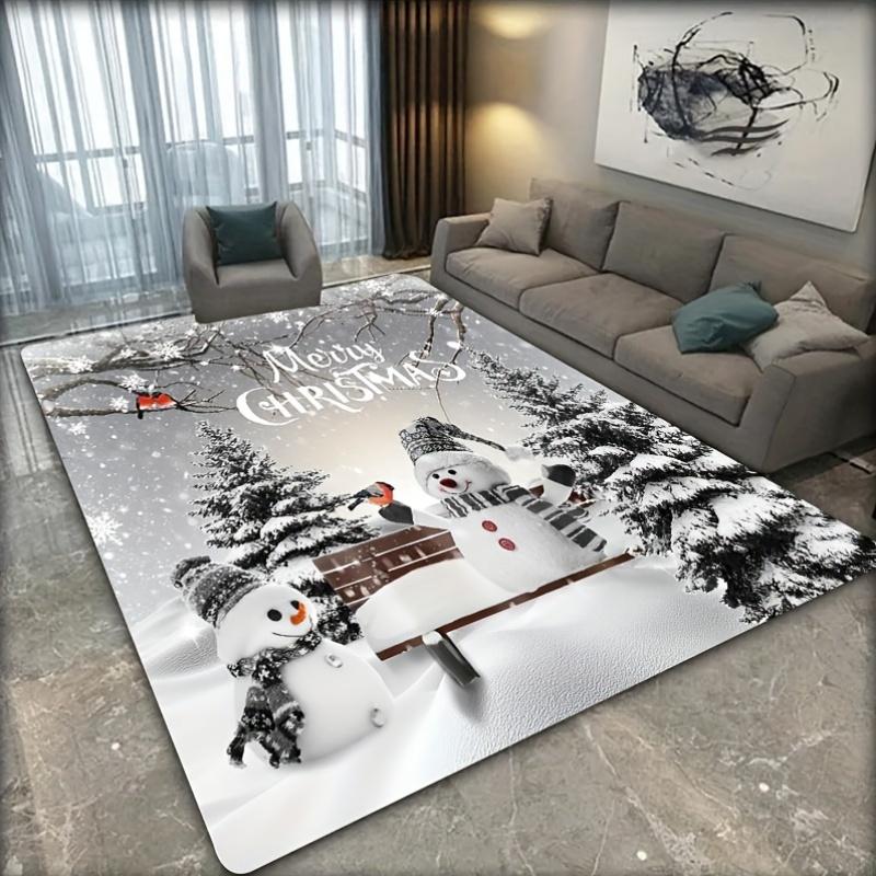 1 piece festive snowman Christmas rug - non-slip, machine washable polyester rug, featuring cedar trees and holiday decorations, perfect for the