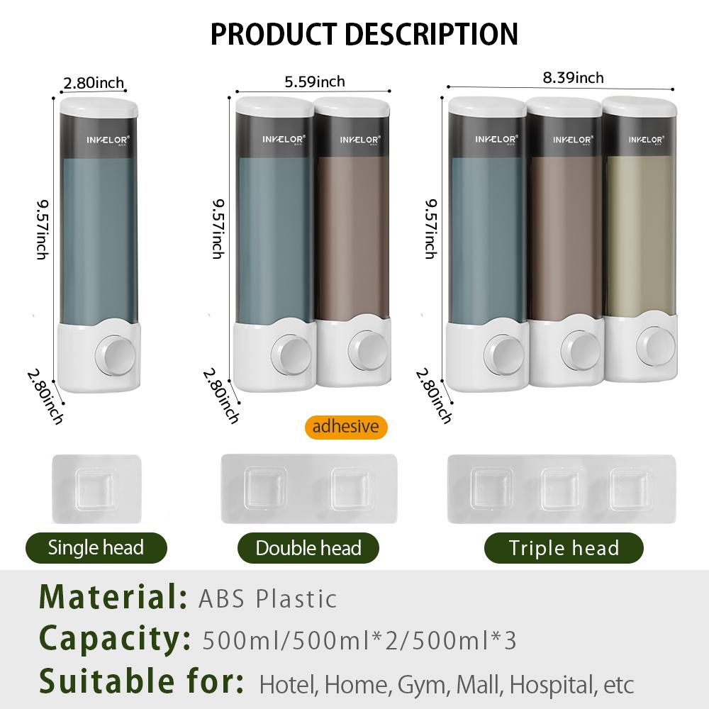500ml Dark Gray ABS 2-Chamber Wall-Mounted Refillable Shampoo & Conditioner Soap Dispenser for Bathroom & Hotel Use No Drill