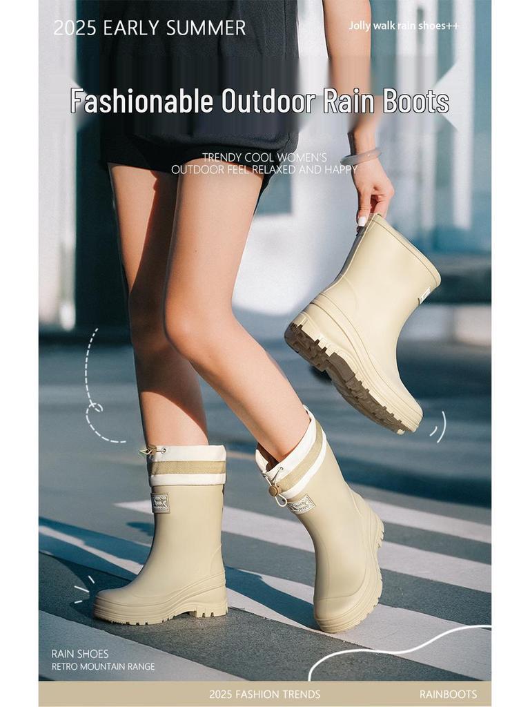 Женские водонепроницаемые резиновые сапоги до середины икры с бархатной подкладкой: Кулиска, Износостойкий, Нескользящая резина для трансграничной моды