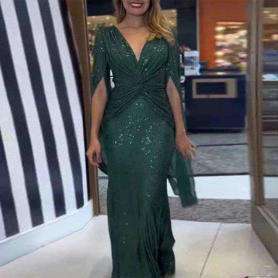Женское вечернее платье с разрезом на рукавах, глубокий V-образный вырез, блестящие пайетки, облегающее, с узкой талией и узлом, плиссированное, полная длина, сплошной цвет, женское платье для выпускного банкета, макси