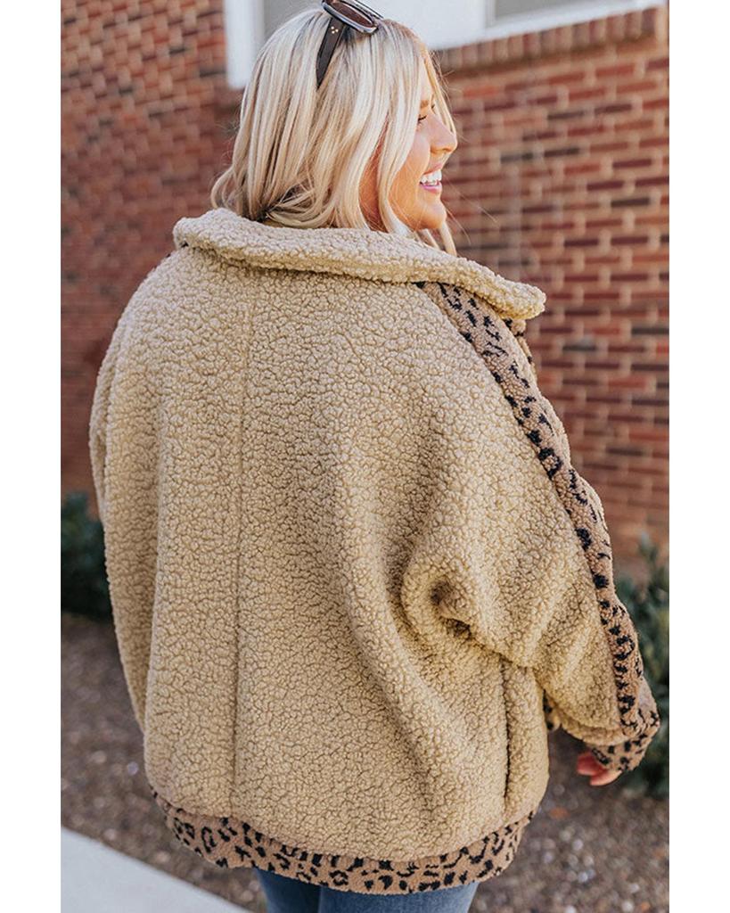 Azura Exchange Khaki Plus Size Leopard Trim Button Up Sherpa Jacket