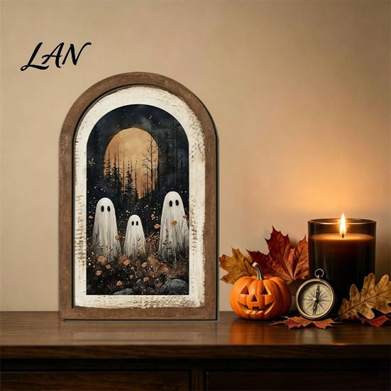 Decorative Shelf Ghost Art Halloween Wall Decor, Cute Table Sign, Vintage Arch Framed Tabletop Decoration Picture, for Mantel Living Room Bedroom