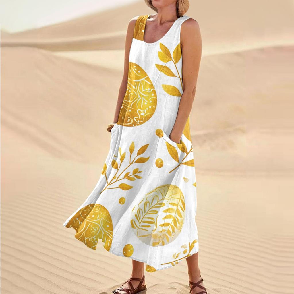 Women's Summer Casual Fashion Easter Printed Sleeveless Round Neck Pocket Dress