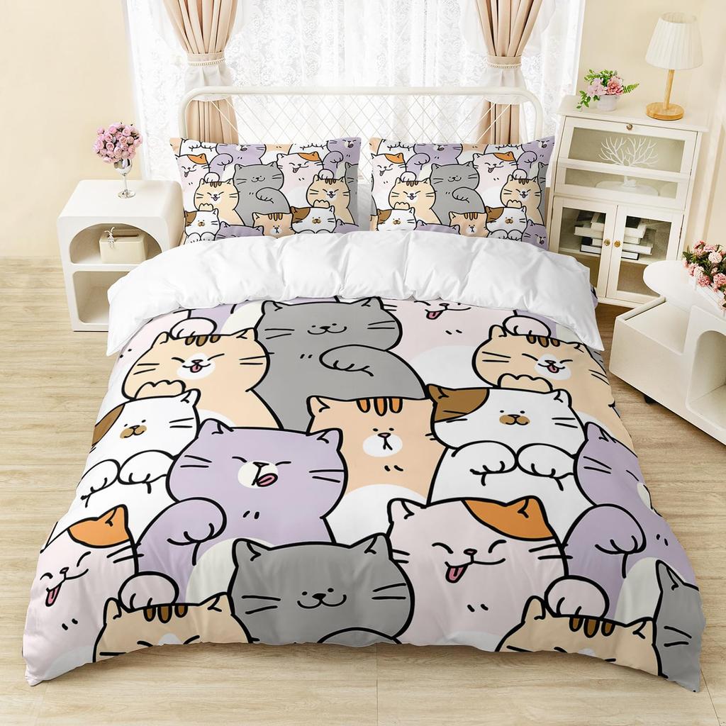 Cartoon Cat Pattern Duvet Cover Queen King Size Soft Bedding Set For Girls Toddlers Teens 3 Piece Set With 2 Pillowcases