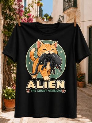 Alien The Short Version Cat Humor With Smiling Orange Cat Carrying A Small Alien Creature Unisex Unisex All Tshirt