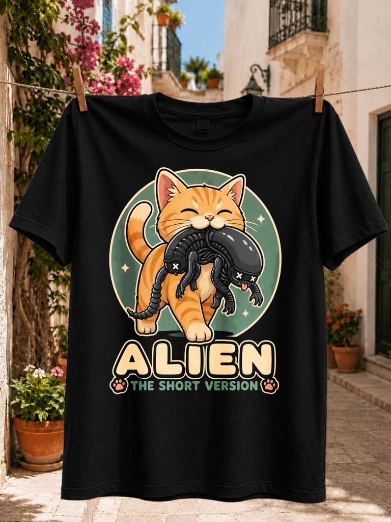 Alien The Short Version Cat Humor With Smiling Orange Cat Carrying A Small Alien Creature Unisex Unisex All Tshirt