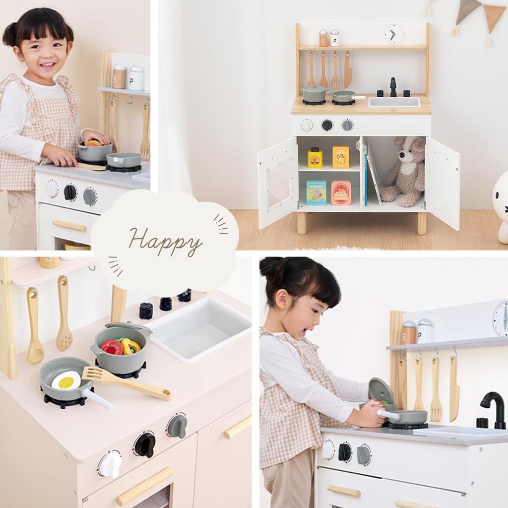 Bon Furniture Wooden Pretend Play Kitchen with Educational Mini Pretend Play Gift for White and Gray Utensils, 8-Piece Set, Toy, Kitchen, Toy, Kids,