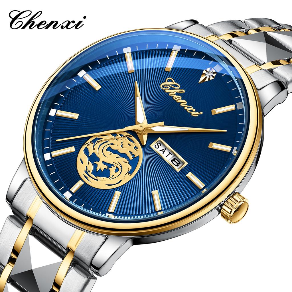 Chenxi Luxury Watch Men Golden Dragon Pattern Stainless Steel Fashion Quartz Wristwatches Curved Mirror Watches For Men Business
