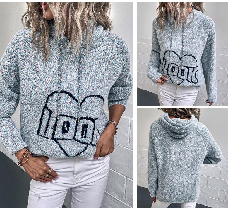 ZIMOXUAN Женский вязаный свитер с капюшоном и шнурком, вышивкой букв и длинными рукавами для повседневной носки